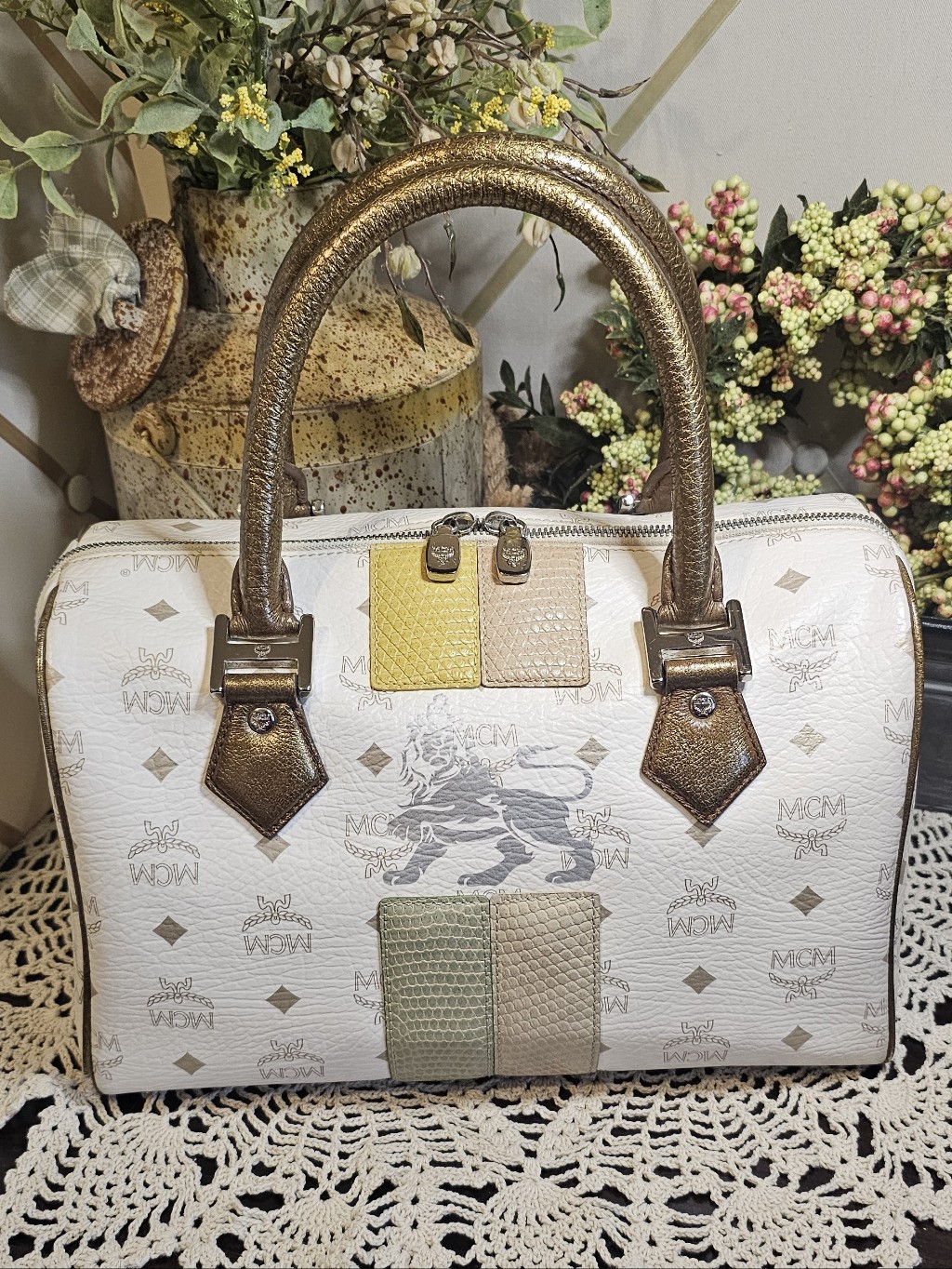 Limited Edition Mcm Visetos Lion Boston Bag